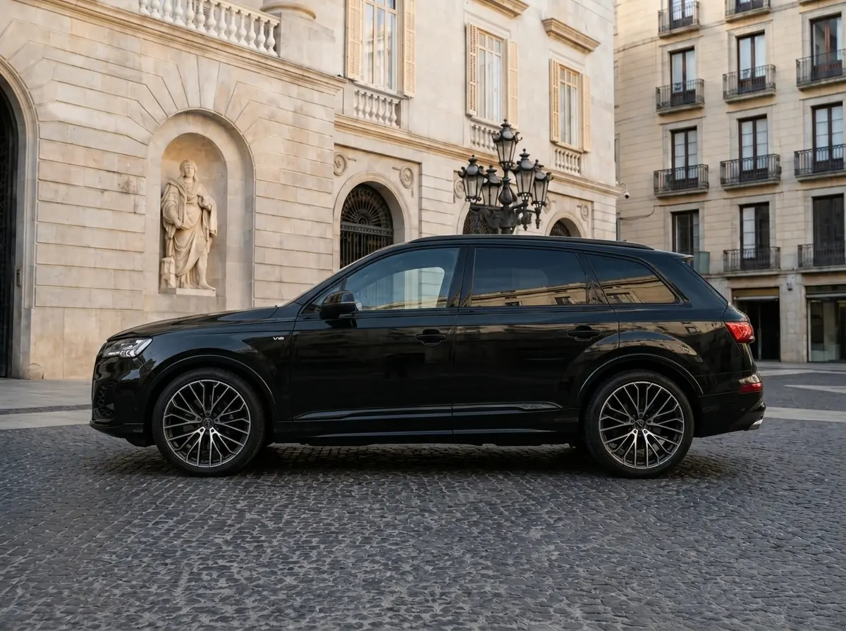 Audi SQ7 2025, vue arrière — Geneva Luxury Car Rental, Genève. Audi SQ7 à Genève L'Audi SQ7 2025, un SUV affichant une puissance de 507 ch et une…