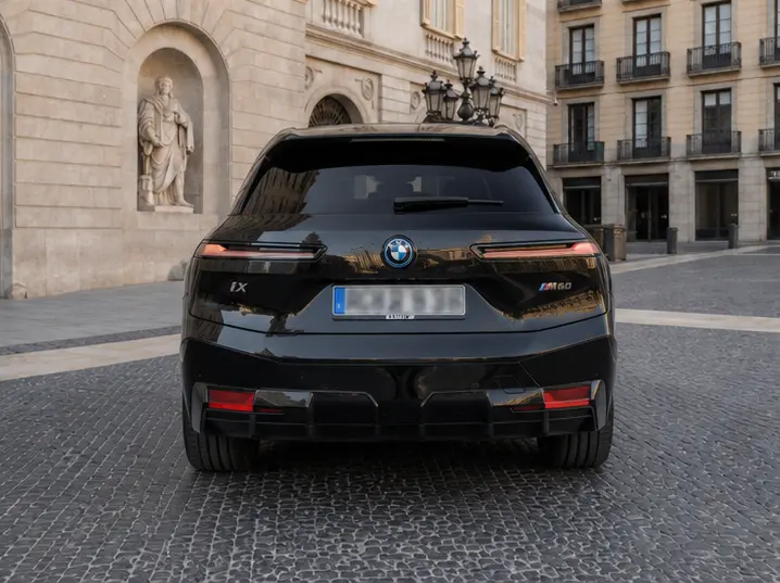 BMW IX M60 2023, vue arrière — Geneva Luxury Car Rental, Genève. BMW IX M60 à Genève Le BMW IX M60 2023 est proposé à la location à Genève pour les…