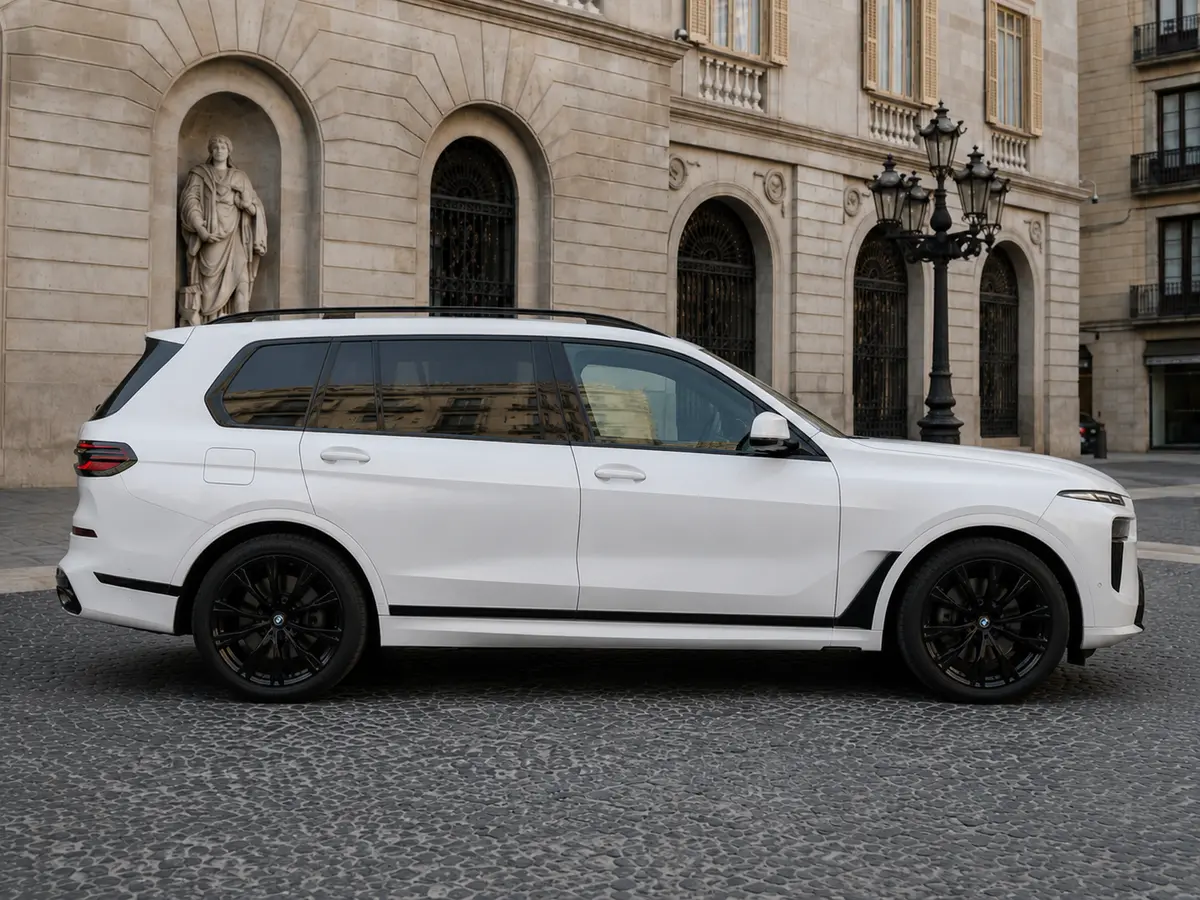 BMW X7 40d M 2024, vue avant — Geneva Luxury Car Rental, Genève. BMW X7 40d M à Genève Le BMW X7 40d M 2024 est proposé à la location à Genève dans une…