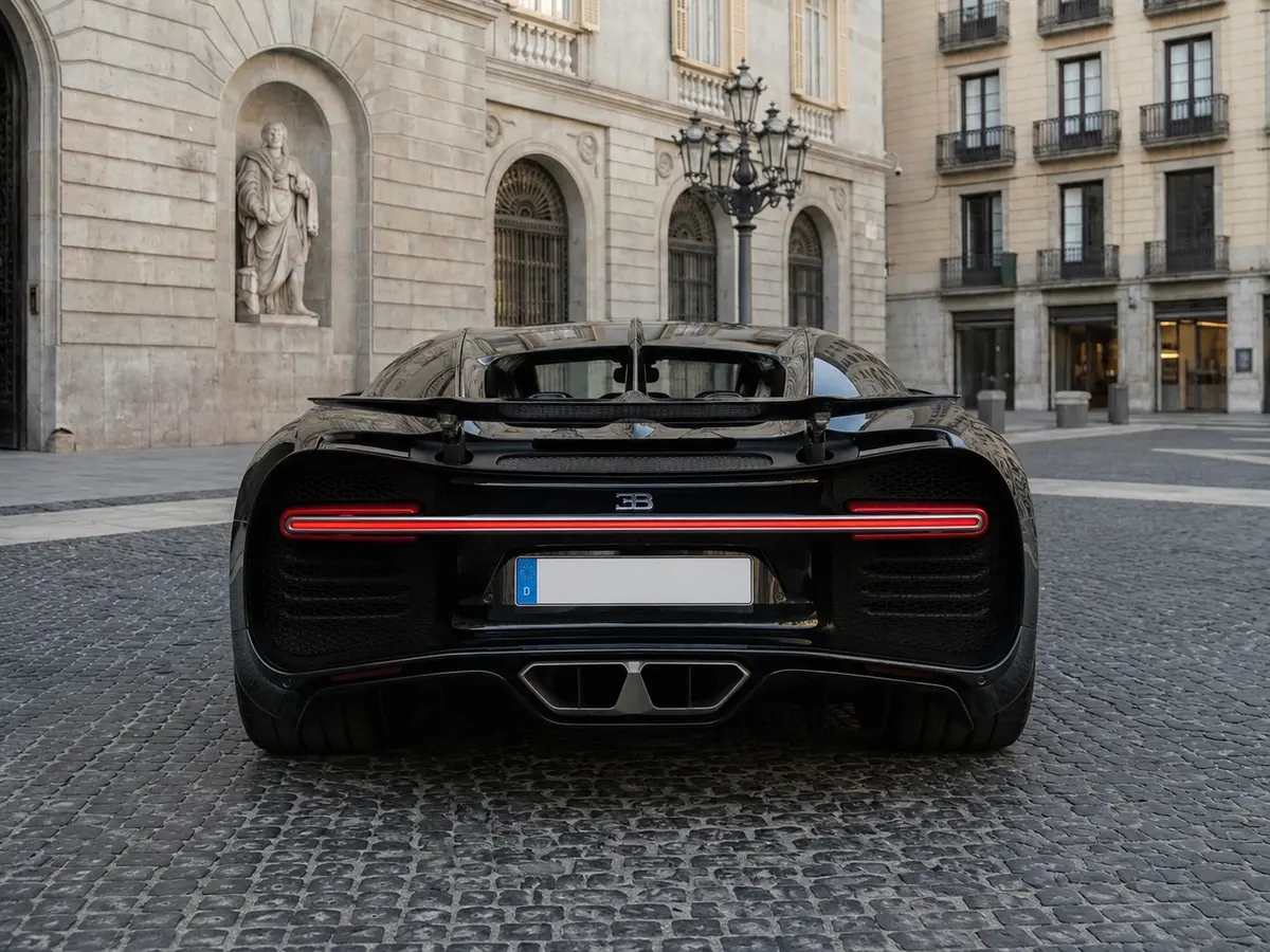 Bugatti Chiron 110 Ani 2019, vue arrière — Geneva Luxury Car Rental, Genève. Bugatti Chiron 110 Ani à Genève La Bugatti Chiron 110 Ani 2019 est proposée à la location…