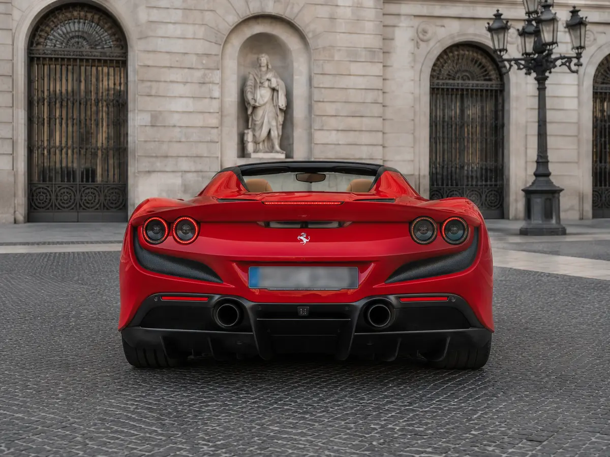 Ferrari F8 Tributo Spider Red 2023, vue arrière — Geneva Luxury Car Rental, Genève. Ferrari F8 Tributo Spider Red à Genève La Ferrari F8 Tributo Spider Red 2023 est proposée…