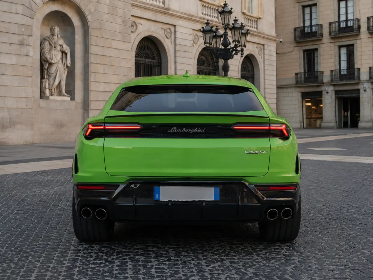 Lamborghini Urus SE 2026, vue arrière — Geneva Luxury Car Rental, Genève. Lamborghini Urus SE à Genève Le Lamborghini Urus SE 2026 est proposé à la location à…