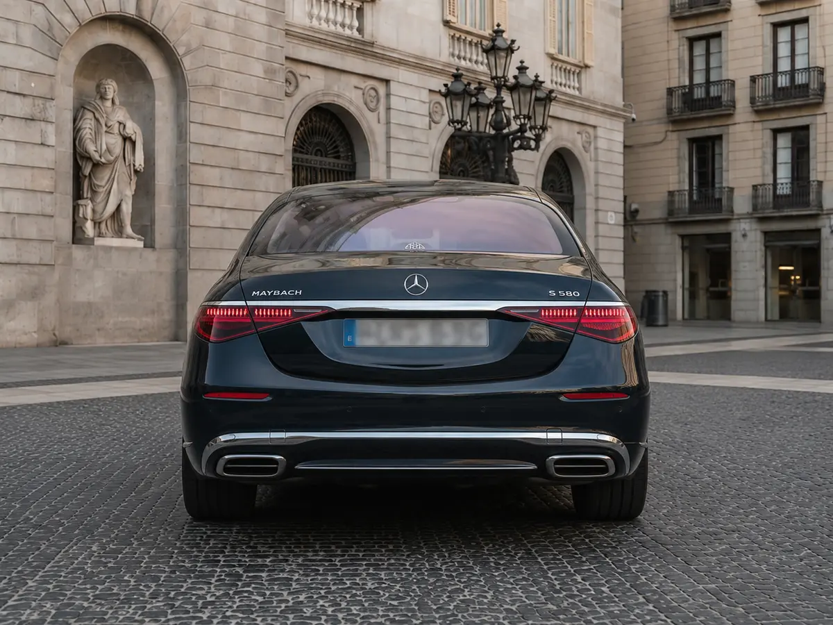 Maybach S580 2023, vue arrière — Geneva Luxury Car Rental, Genève. Maybach S580 à Genève La Maybach S580 2023 fait partie des véhicules proposés à la…