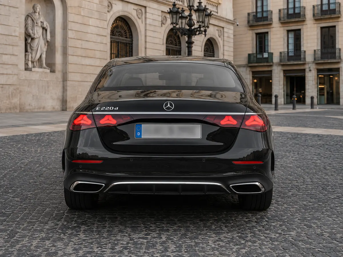 Mercedes Benz E-klasse 220d Premium Plus 2026, vue arrière — Geneva Luxury Car Rental, Genève. Mercedes Benz E-klasse 220d Premium Plus à Genève La Mercedes Benz E-klasse 220d Premium…