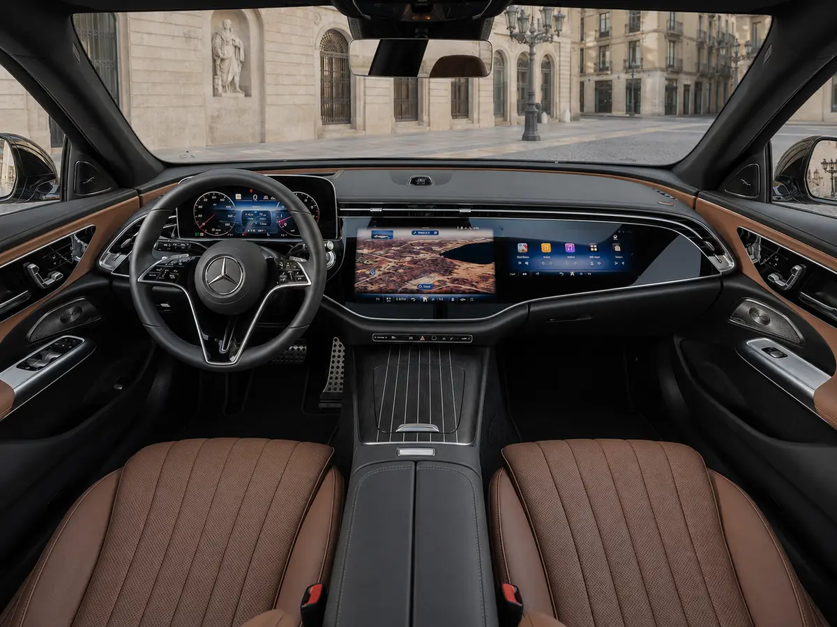 Mercedes Benz E-klasse 220d Premium Plus 2026, intérieur — Geneva Luxury Car Rental, Genève. Mercedes Benz E-klasse 220d Premium Plus à Genève La Mercedes Benz E-klasse 220d Premium…