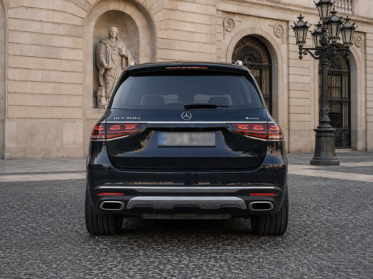 Mercedes Benz GLS-klasse 350 D Exclusive 7 Posti 2025, vue arrière — Geneva Luxury Car Rental, Genève. Mercedes Benz GLS-klasse 350 D Exclusive 7 Posti à Genève Le Mercedes Benz GLS-klasse 350…