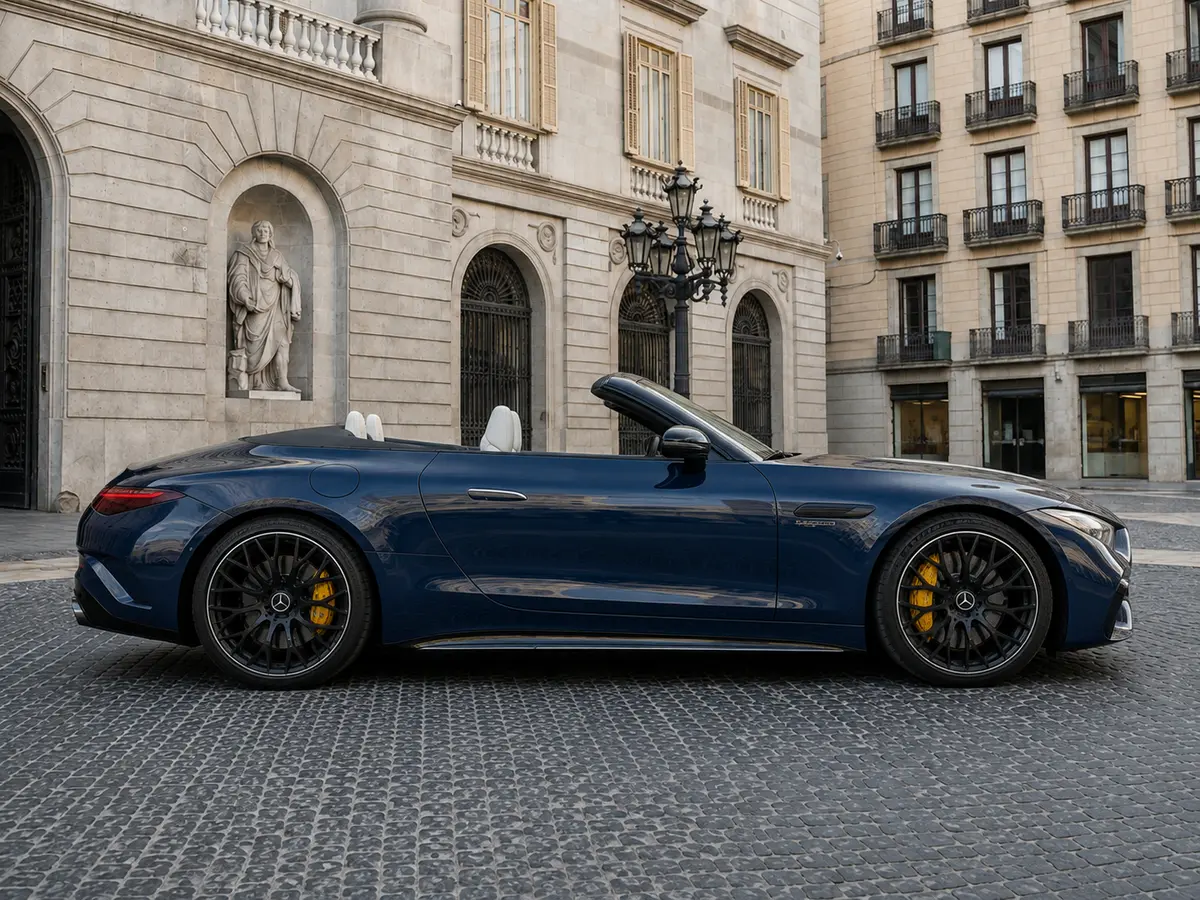 Mercedes Benz SL 63 AMG 2025, vue avant — Geneva Luxury Car Rental, Genève. Mercedes Benz SL 63 AMG à Genève La Mercedes Benz SL 63 AMG 2025 est proposée à la…