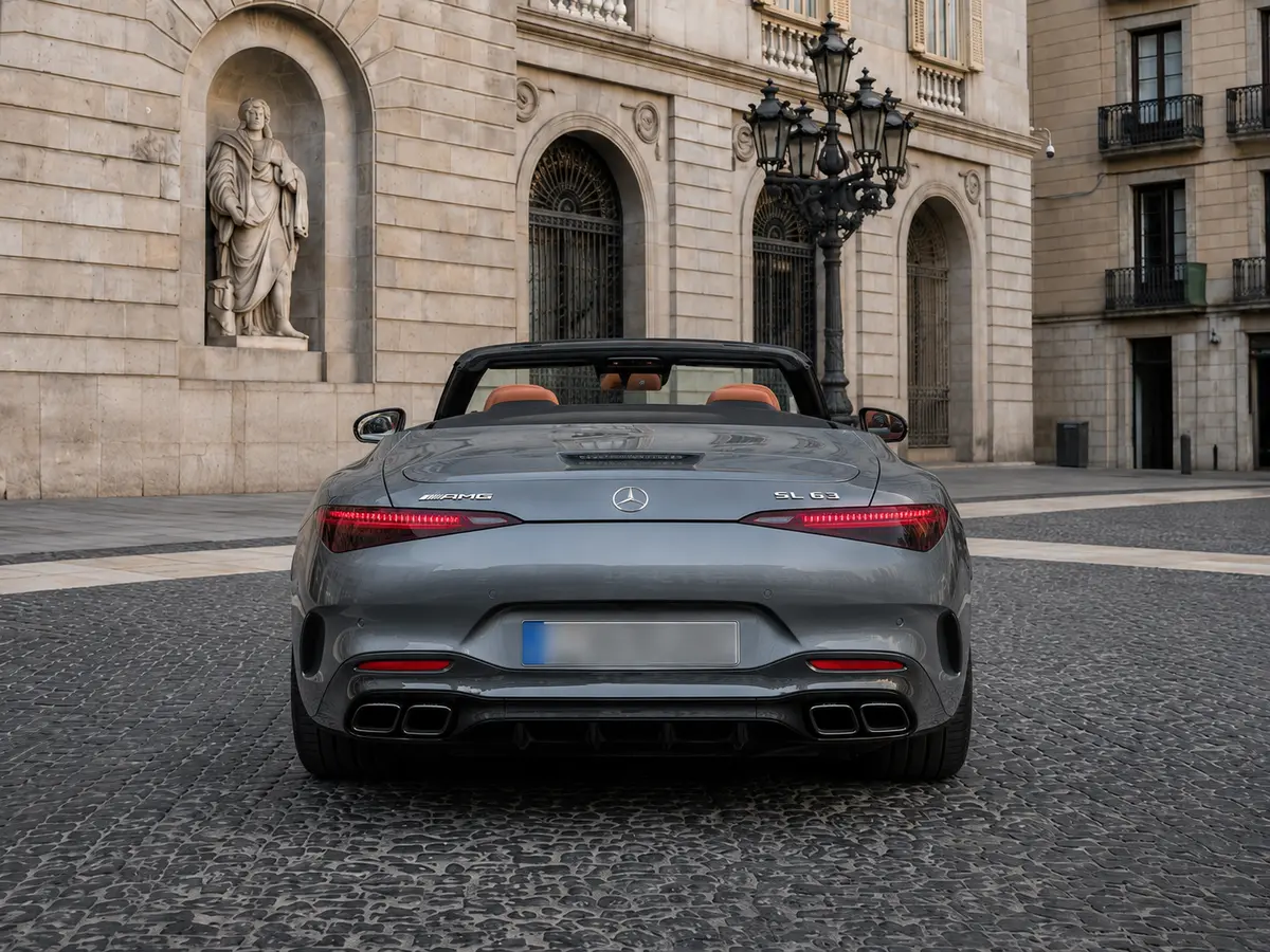 Mercedes Benz SL63 Cabrio 2023, vue arrière — Geneva Luxury Car Rental, Genève. Mercedes Benz SL63 Cabrio à Genève La Mercedes Benz SL63 Cabrio 2023 est proposée à la…