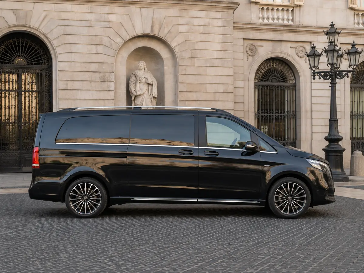 Mercedes Benz V300 4x4 XL Exclusive 7 seats 2025, vue avant — Geneva Luxury Car Rental, Genève. Mercedes Benz V300 4x4 XL Exclusive 7 seats à Genève Le Mercedes Benz V300 4x4 XL…
