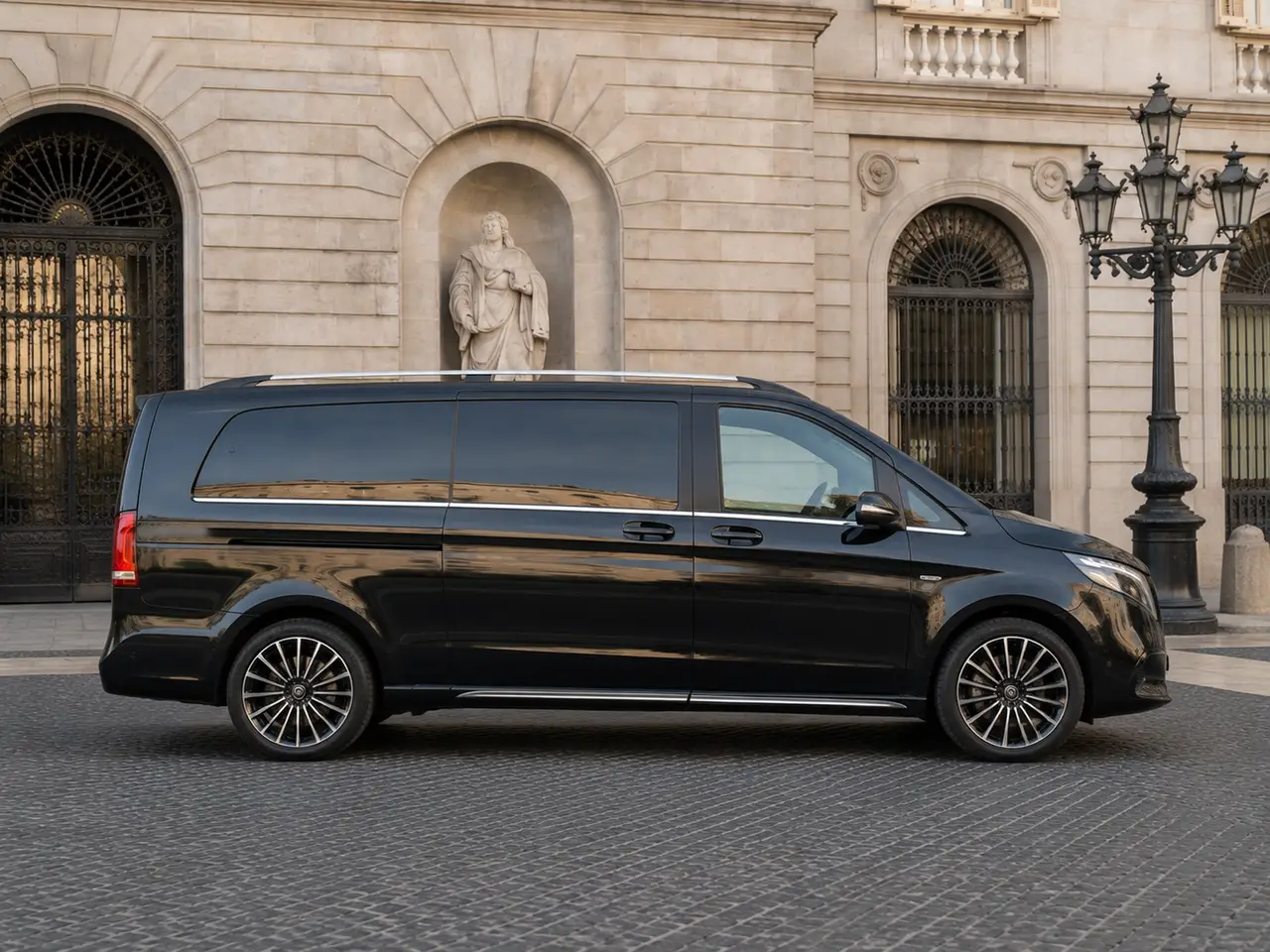 Mercedes Benz V300 4x4 XL Exclusive 7 seats 2025, vue avant — Geneva Luxury Car Rental, Genève. Mercedes Benz V300 4x4 XL Exclusive 7 seats à Genève Le Mercedes Benz V300 4x4 XL…