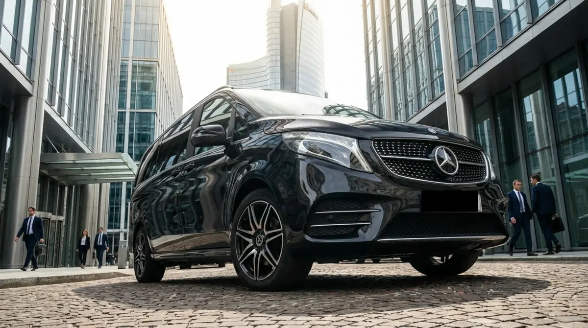 Mercedes V Class 2026, extérieur — Geneva Luxury Car Rental, Genève. Mercedes Benz V Class à Genève Le Mercedes Benz V Class 2026 est proposé à la location à…