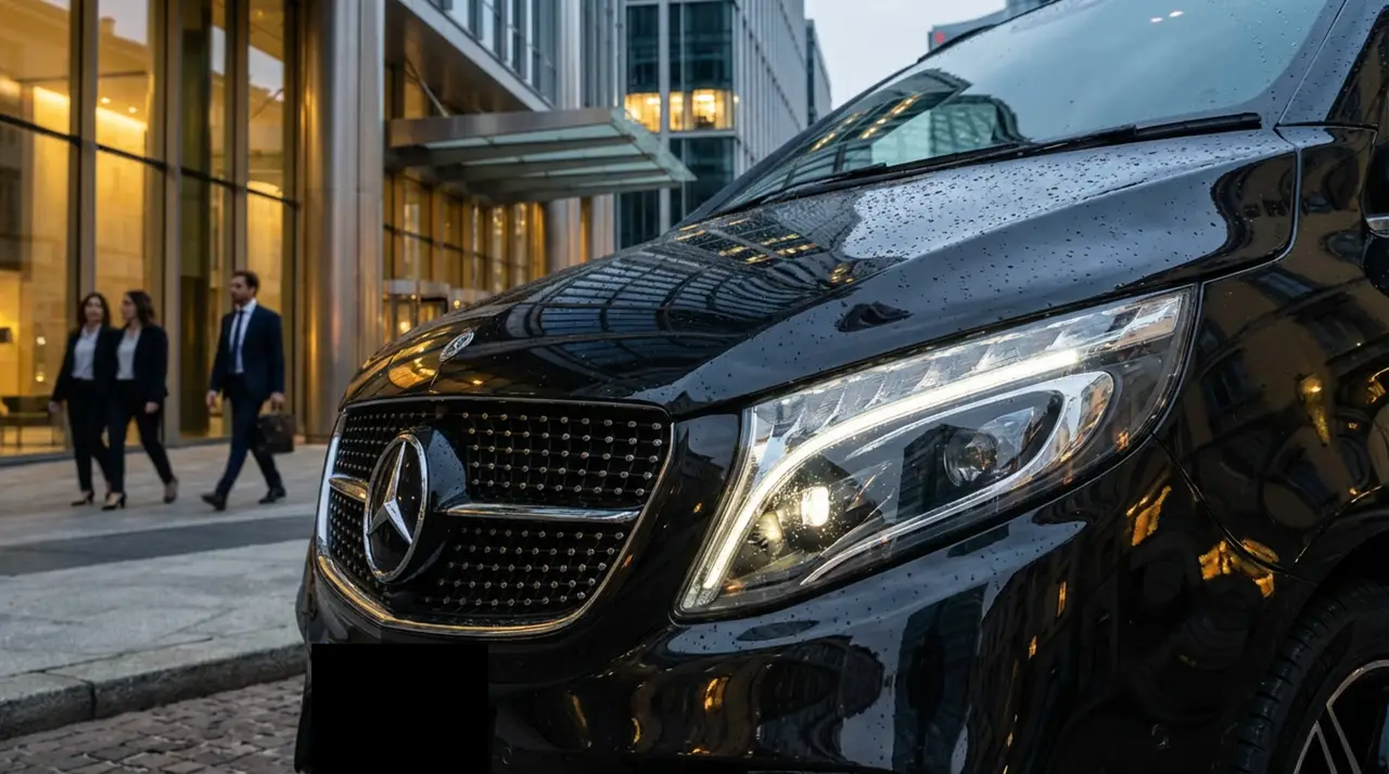 Mercedes V Class 2026, vue avant — Geneva Luxury Car Rental, Genève. Mercedes Benz V Class à Genève Le Mercedes Benz V Class 2026 est proposé à la location à…