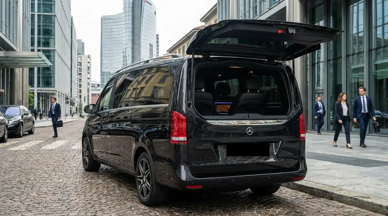 Mercedes V Class 2026, vue arrière — Geneva Luxury Car Rental, Genève. Mercedes Benz V Class à Genève Le Mercedes Benz V Class 2026 est proposé à la location à…