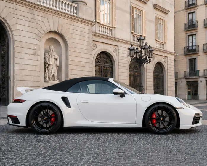 Porsche 911 Carrera S Cabrio (992) 2025, vue avant — Geneva Luxury Car Rental, Genève. Porsche 911 Carrera S Cabrio (992) à Genève La Porsche 911 Carrera S Cabrio (992) 2025…