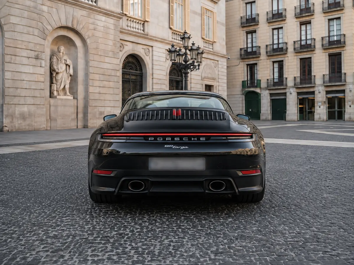 Porsche 911 Targa 2025, vue arrière — Geneva Luxury Car Rental, Genève. Porsche 911 Targa à Genève La Porsche 911 Targa 2025 est proposée à la location à Genève.…