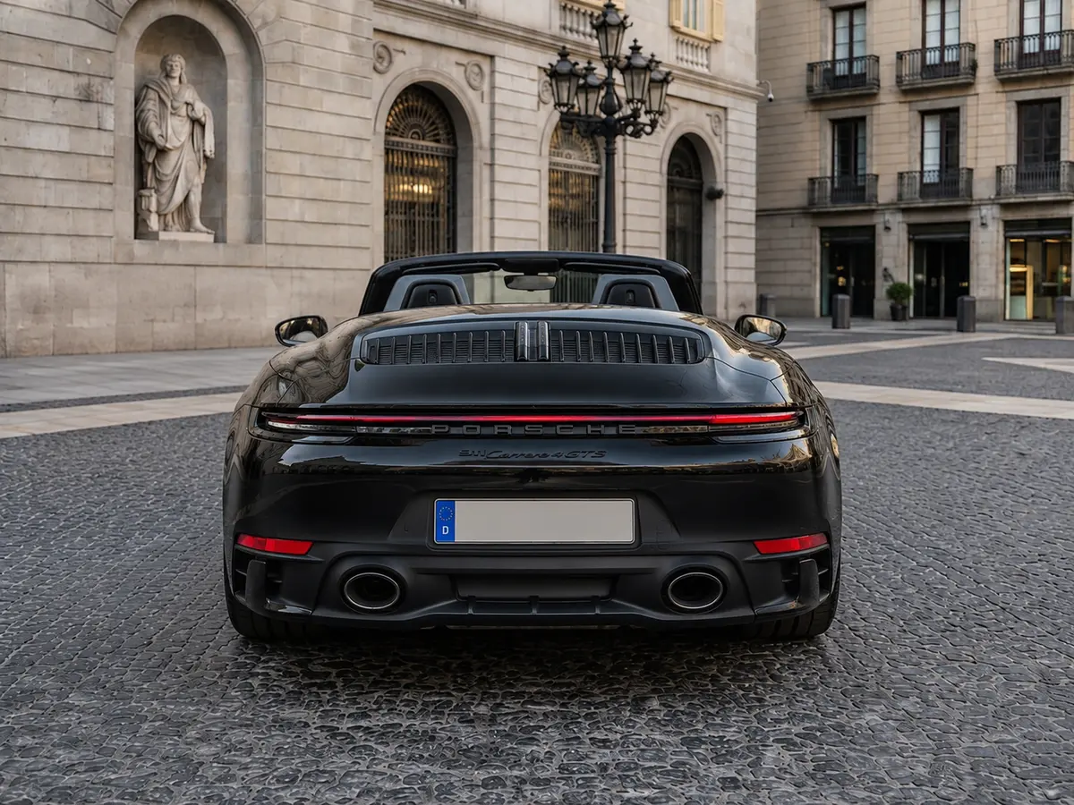 Porsche 992 Carrera 4 GTS Cabrio 2024, vue arrière — Geneva Luxury Car Rental, Genève. Porsche 992 Carrera 4 GTS Cabrio à Genève Le Porsche 992 Carrera 4 GTS Cabrio 2024 est…