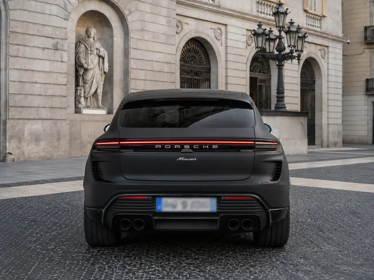 Porsche Macan 2024, vue arrière — Geneva Luxury Car Rental, Genève. Porsche Macan à Genève Louer un Porsche Macan à Genève, c'est disposer d'un SUV 2024…